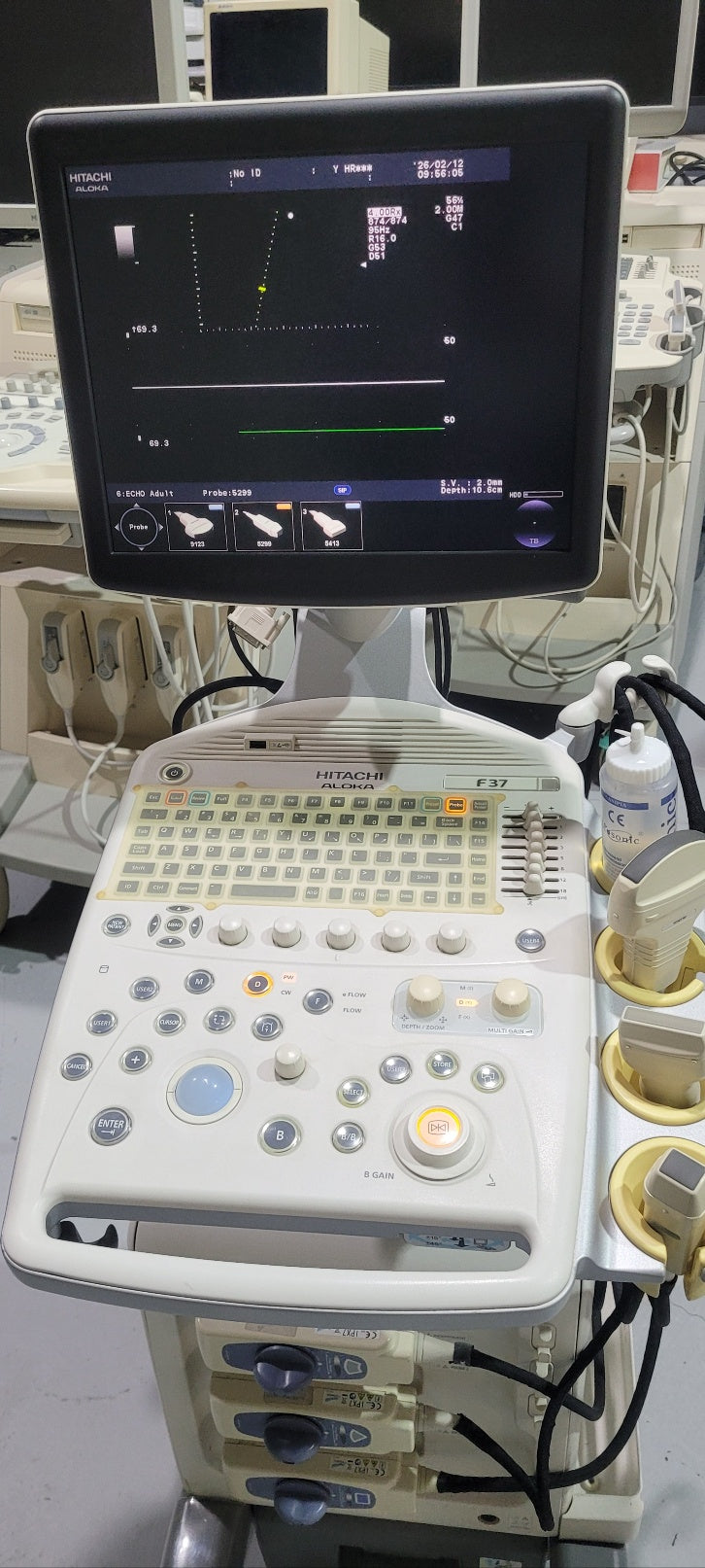 Pre-Owned Hitachi Aloka F37 with Convex Linear Cardiac UST 5299 UST 9123 UST 5413 3 Probes